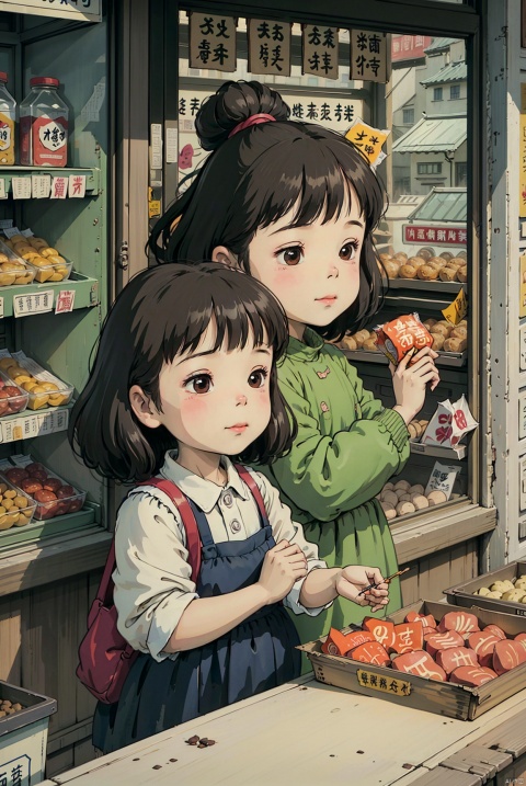  Cute children's illustration, Chinese elementary school students buy snacks at a roadside snack shop. There are many snacks in the shop window, just find them on their faces and share them