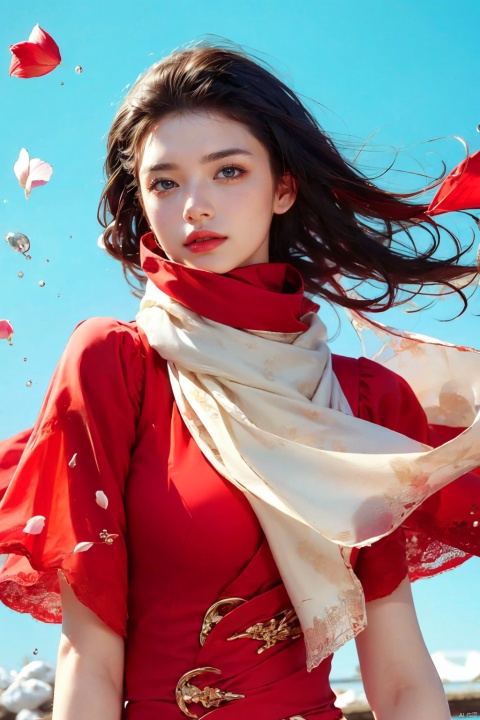  1girl, red dress, (scarf), wind, petal, CatherineZetaJones