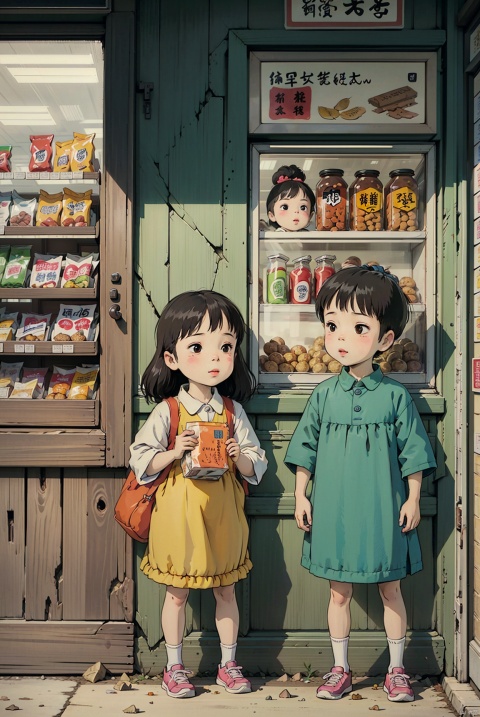  Cute children's illustration, Chinese elementary school students buy snacks at a roadside snack shop. There are many snacks in the shop window, just find them on their faces and share them