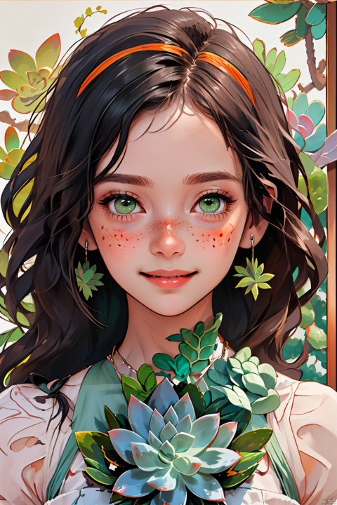  1girl, solo, smile,
long hair, looking at viewer, black hair, green eyes,big succulent plants
, flower,(((succulent plants
 in the upper right and lower left corner of the screen,succulent plants
 cover the face))), parted lips, artist name, leaf, plant, portrait, freckles,red flower,, flat,bichu, CX, TT, NijiCute