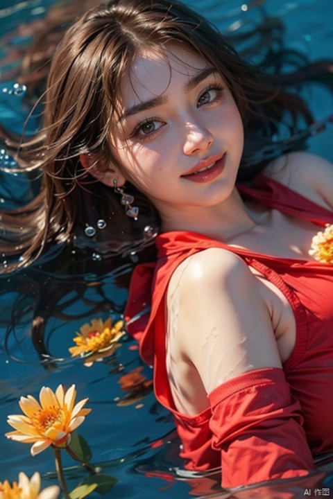  1 girl,red shirt,water drop, water, partially submerged,flower,air bubble,smile,shout,air bubble,from above,Lying down,