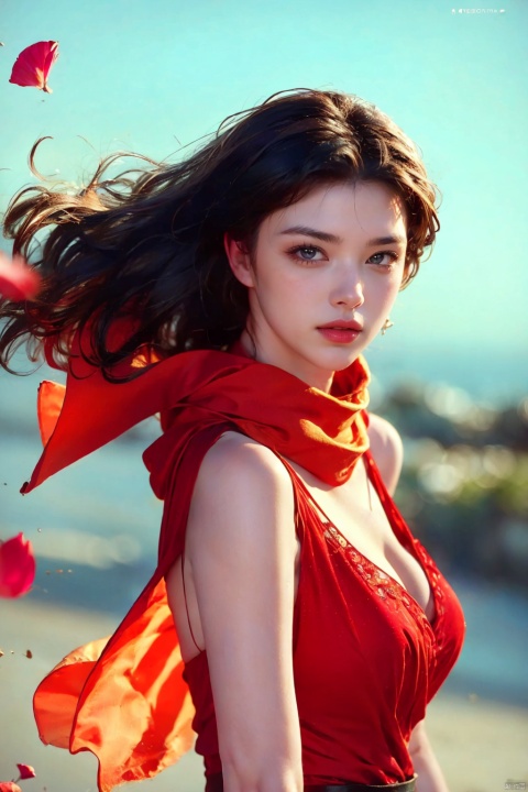  1girl, red dress, (scarf), wind, petal, CatherineZetaJones, MonicaBellucci