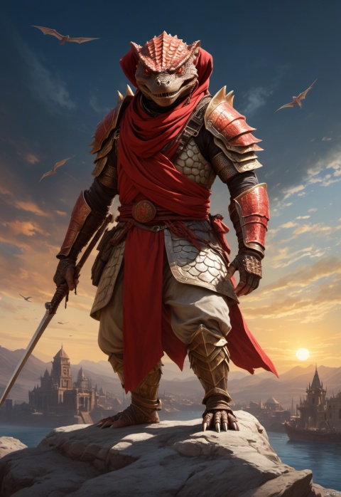 Dungeons & Dragons,The Scarlet Prince,Dragonborn,Dragonman,Lizardmen,Non-human,male,The head of the dragon,Headscarf,Metal trim,Octopus's tentacle-like whiskers, Red scales, Clothing on the chest,Hard body armor on the chest,Body armor,Covered in scales, Camouflage dress-up,Wear a shirt,Tactical vests,young,Brown military uniform, t-shirt,Wear loose-fitting camouflage cargo shorts,Camouflage pattern,The belly is wrapped in cloth,The abdomen is covered with cloth,The short-sleeved color is single,Battle vests,girdle,Body armor,Fish fins grow on both ears,Fluffy hair, Wrap the ammunition pouch around the abdomen,closed mouth,Gentle expression,Wear plain white short sleeves,The lower jaw has two fangs that grow upwards,Wrap the leggings around the calves with strips of cloth,burlap,Overall clothes,Red rope pendant,Urban camouflage combat shorts,beard,kind,straw hat,India, dumpy,Modern clothing,peaceful expression,chunky,Ammunition pouches,pointed ears,white short sleeve,brown face,animal teeth,short_pants,honest,fat,gaiters,in the city,contemporary,Armed,stand guard,peace,thick arms,thick thighs,Thick calves,Full-length photo,Surrealism, from below, Nikon, Surrealism, backlighting, backlighting, cinematic lighting, 8k, super detail, high quality, high details, UHD, award winning, anatomically correct, UHD, retina, masterpiece, ccurate, anatomically correct, super detail, award winning, best quality, high quality, high details, highres, 16k,The light of the flame,brown skin,strong, Reasonable firearm construction,Different fantasy world races, With a gun on his back,Movement process, Rich background characters,Complete laundry,complex background,Don't bare upper body,The background is a messy crowd of people,A fun adventure,Movement process,holding weapon,full body,standing,The characters are in harmony with the environment,
, Indian flair,Middle East,desert,pyramid,blown sand,camel, huggymale, Oouguancong,Armed with a spear, Oouguancong