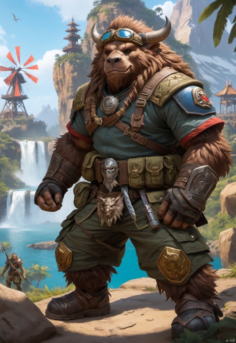 Tauren,Trapezius,Baine Bloodhoof,guerilla,    Mighty figure,cap,Tactical vest,The Tauren wears a green military cap,gun, sweat,Fluffy hair,Golden pupils,Thick eyebrows,furry,humpty dumpty,hairy,plait,Hoof,Clothing on the chest,feather,shaman,robust,their tails,Hair all over the body,                        Tauren in special forces combat uniform,Body armor,Camouflage dress-up,Wear a shirt,Tactical vests,Tauren wearing combat uniforms,young,t-shirt,Wear loose-fitting camouflage cargo shorts,Camouflage pattern,The belly is wrapped in cloth,The abdomen is covered with cloth,Congo,   Sunscreen hats,Shoulder-mounted bazooka,                           The short-sleeved color is single,Battle vests,girdle,Body armor,Tactical sandals,Baggy shorts,Wrap the ammunition  pouch  around the  abdomen,closed mouth,Gentle expression,Iconic orc teeth,The lower jaw has two fangs that grow upwards,Wrap the leggings around the calves with strips of cloth,burlap,Overall clothes,Urban camouflage combat shorts,beard,kind,Modern clothing,peaceful expression,chunky,Mountaineering watches,Ammunition pouches,pointed ears,white  short                            sleeve,brown face,relic,                   animal teeth,short_pants,honest,fat,gaiters,contemporary,Armed,stand    guard,peace,thick arms,thick thighs,Thick calves,camouflage shorts,Leg hair, Field Army,Full-length photo,Surrealism, from below, Nikon, Surrealism, backlighting, backlighting, cinematic lighting, 8k, super detail, high quality, high details, UHD, award winning, anatomically correct, UHD, retina, masterpiece, ccurate, anatomically correct, super detail, award winning, best quality,         high quality,              high details,                highres, 16k,Brown fur,strong,        Reasonable firearm construction,Different fantasy world races, With a gun on his back,huggymale,Rich background characters,Complete laundry,complex background,The background is a messy crowd of people,A fun adventure,Movement process,holding weapon,full body,standing,The characters are in harmony with the environment,Palm trees,Huge windmills,Thunder Bluff,cliff,camp,Devil's Peak,Many military men,    Below the cliffs is the lake,In the middle of the lake was a warship,The Tauren stands on top of a cliff,destroyer,Sultry environment,waterfall,A city on a cliff, huggymale, Oouguancong