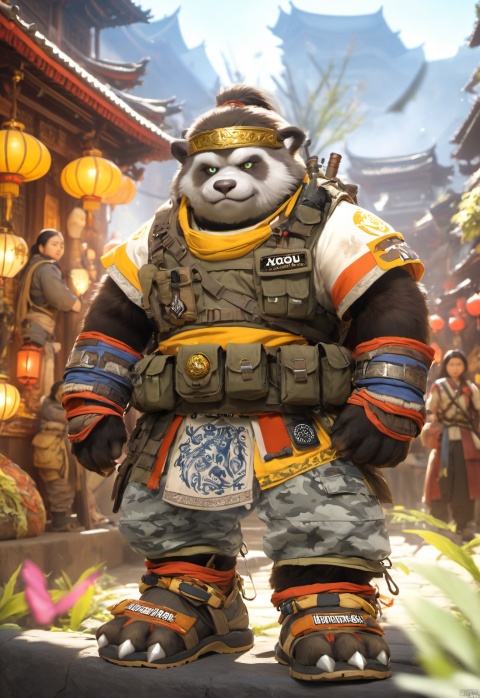  pandaren,Chen Stormstout,Chen Stormstout,Trapezius,Mighty figure,cap,Tactical vest,The pandaren wears a yellow military cap,gun,Panda paws,Meatball heads,There was a police dog at his feet,Fluffy hair,Golden pupils,Thick eyebrows,furry,humpty dumpty,samurai,hairy,paws,in Chinatown,Clothing on the chest,pandaren in special forces combat uniform,Body armor,Camouflage dress-up,Wear a shirt,Tactical vests,Orcs wearing combat uniforms,young,t-shirt,Wear loose-fitting camouflage cargo shorts,Camouflage pattern,The belly is wrapped in cloth,The abdomen is covered with cloth,The short-sleeved color is single,Battle vests,girdle,Body armor,Tactical sandals,Baggy shorts,Wrap the ammunition pouch around the abdomen,closed mouth,Gentle expression,Wear plain white short sleeves,Wearing yellow body armor,Iconic orc teeth,The lower jaw has two fangs that grow upwards,Wrap the leggings around the calves with strips of cloth,burlap,Overall clothes,Red rope pendant,Urban camouflage combat shorts,beard,kind,New York,dumpy,Modern clothing,peaceful expression,chunky,sandals,Mountaineering watches,Ammunition pouches,Combat sandals,pointed ears,white short sleeve,brown face,animal teeth,short_pants,honest,fat,gaiters,in the city,contemporary,Armed,stand guard,peace,thick arms,thick thighs,Thick calves,camouflage shorts,Leg hair,sandals,smooth skin, Full-length photo,Surrealism, from below, Nikon, Surrealism, backlighting, backlighting, cinematic lighting, 8k, super detail, high quality, high details, UHD, award winning, anatomically correct, UHD, retina, masterpiece, ccurate, anatomically correct, super detail, award winning, best quality, high quality, high details, highres, 16k,brown skin,strong, Reasonable firearm construction,Different fantasy world races, A white T-shirt on the chest,With a gun on his back,huggymale,Rich background characters,Complete laundry,complex background,Don't bare upper body,The background is a messy crowd of people,A fun adventure,Movement process,holding weapon,full body,standing,The characters are in harmony with the environment
, huggymale, Oouguancong