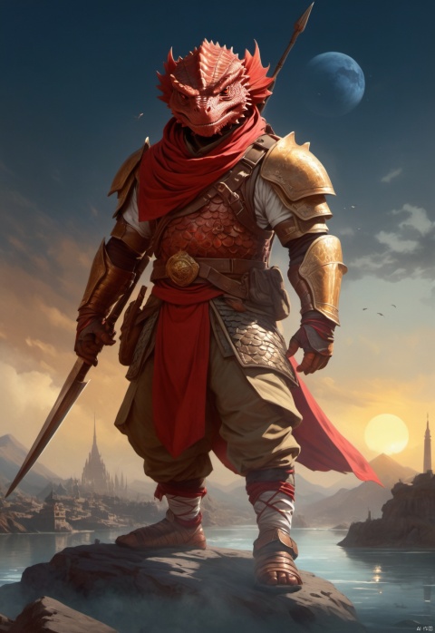Dungeons & Dragons,The Scarlet Prince,Dragonborn,Dragonman,Lizardmen,Non-human,male,The head of the dragon,Headscarf,Metal trim,Octopus's tentacle-like whiskers, Red scales, Clothing on the chest,Hard body armor on the chest,Body armor,Covered in scales, Camouflage dress-up,Wear a shirt,Tactical vests,young,Brown military uniform, t-shirt,Wear loose-fitting camouflage cargo shorts,Camouflage pattern,The belly is wrapped in cloth,The abdomen is covered with cloth,The short-sleeved color is single,Battle vests,girdle,Body armor,Fish fins grow on both ears,Fluffy hair, Wrap the ammunition pouch around the abdomen,closed mouth,Gentle expression,Wear plain white short sleeves,The lower jaw has two fangs that grow upwards,Wrap the leggings around the calves with strips of cloth,burlap,Overall clothes,Red rope pendant,Urban camouflage combat shorts,beard,kind,straw hat,India, dumpy,Modern clothing,peaceful expression,chunky,Ammunition pouches,pointed ears,white short sleeve,brown face,animal teeth,short_pants,honest,fat,gaiters,in the city,contemporary,Armed,stand guard,peace,thick arms,thick thighs,Thick calves,Full-length photo,Surrealism, from below, Nikon, Surrealism, backlighting, backlighting, cinematic lighting, 8k, super detail, high quality, high details, UHD, award winning, anatomically correct, UHD, retina, masterpiece, ccurate, anatomically correct, super detail, award winning, best quality, high quality, high details, highres, 16k,The light of the flame,brown skin,strong, Reasonable firearm construction,Different fantasy world races, With a gun on his back,Movement process, Rich background characters,Complete laundry,complex background,Don't bare upper body,The background is a messy crowd of people,A fun adventure,Movement process,holding weapon,full body,standing,The characters are in harmony with the environment,
, Indian flair,Middle East,desert,pyramid,blown sand,camel, huggymale, Oouguancong,Armed with a spear, Oouguancong