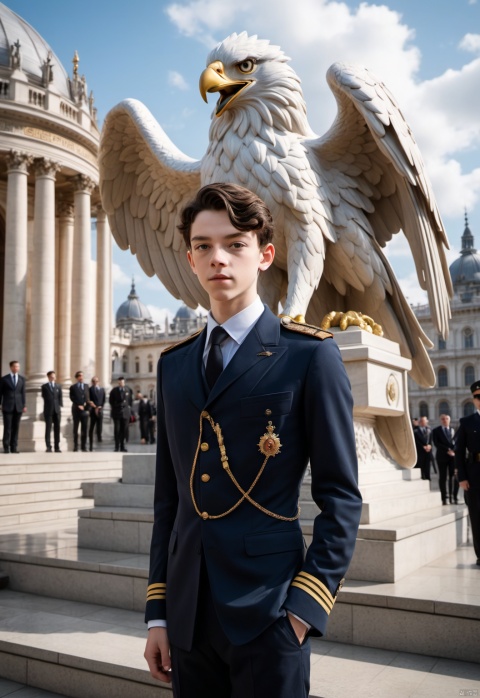 Fantasy world,mankind,Asa Butterfield,teenagers,Young Prince,politician,Black suit,Slim-fitting suits,power,Lonely eyes, Blue eyes,An arrogant expression, There is a badge on the chest,A symbol of power,Royal jewels hanging from the chest, Full-length photo,Surrealism, from below, Nikon, Surrealism, backlighting, backlighting, cinematic lighting, 8k, super detail, high quality, high details, UHD, award winning, anatomically correct, UHD, retina, masterpiece, ccurate, anatomically correct, super detail, award winning, best quality, high quality, high details, highres, 16k,Reasonable perspective size,True size ratios, Close-up of the characters, Frontal view,Different fantasy world races, Rich background characters,Complete laundry,complex background,Don't bare upper body,The background is a crowd,A fun adventure,Face the camera,The prince looked up,Full body photo,full body,standing,Stand on the stairs,Before Parliament,Italy ,Gucci,marble,Parliament,Crisp white background,Outdoor scenes,Huge marble statues,There are mounted police in the background,The prince leaned against the fountain,Next to the prince is a griffin,Griffins have blond hair、Eagle-like beak, huggymale, Oouguancong,There were quite a few officers at the scene,The state of wartime at this time,Everyone looked at the prince,The griffin spreads its wings to protect the prince, Oouguancong