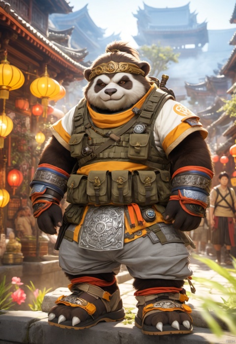  pandaren,Chen Stormstout,Chen Stormstout,Trapezius,Mighty figure,cap,Tactical vest,The pandaren wears a yellow military cap,gun,Panda paws,Meatball heads,There was a police dog at his feet,Fluffy hair,Golden pupils,Thick eyebrows,furry,humpty dumpty,samurai,hairy,paws,in Chinatown,Clothing on the chest,pandaren in special forces combat uniform,Body armor,Camouflage dress-up,Wear a shirt,Tactical vests,Orcs wearing combat uniforms,young,t-shirt,Wear loose-fitting camouflage cargo shorts,Camouflage pattern,The belly is wrapped in cloth,The abdomen is covered with cloth,The short-sleeved color is single,Battle vests,girdle,Body armor,Tactical sandals,Baggy shorts,Wrap the ammunition pouch around the abdomen,closed mouth,Gentle expression,Wear plain white short sleeves,Wearing yellow body armor,Iconic orc teeth,The lower jaw has two fangs that grow upwards,Wrap the leggings around the calves with strips of cloth,burlap,Overall clothes,Red rope pendant,Urban camouflage combat shorts,beard,kind,New York,dumpy,Modern clothing,peaceful expression,chunky,sandals,Mountaineering watches,Ammunition pouches,Combat sandals,pointed ears,white short sleeve,brown face,animal teeth,short_pants,honest,fat,gaiters,in the city,contemporary,Armed,stand guard,peace,thick arms,thick thighs,Thick calves,camouflage shorts,Leg hair,sandals,smooth skin, Full-length photo,Surrealism, from below, Nikon, Surrealism, backlighting, backlighting, cinematic lighting, 8k, super detail, high quality, high details, UHD, award winning, anatomically correct, UHD, retina, masterpiece, ccurate, anatomically correct, super detail, award winning, best quality, high quality, high details, highres, 16k,brown skin,strong, Reasonable firearm construction,Different fantasy world races, A white T-shirt on the chest,With a gun on his back,huggymale,Rich background characters,Complete laundry,complex background,Don't bare upper body,The background is a messy crowd of people,A fun adventure,Movement process,holding weapon,full body,standing,The characters are in harmony with the environment
, huggymale, Oouguancong