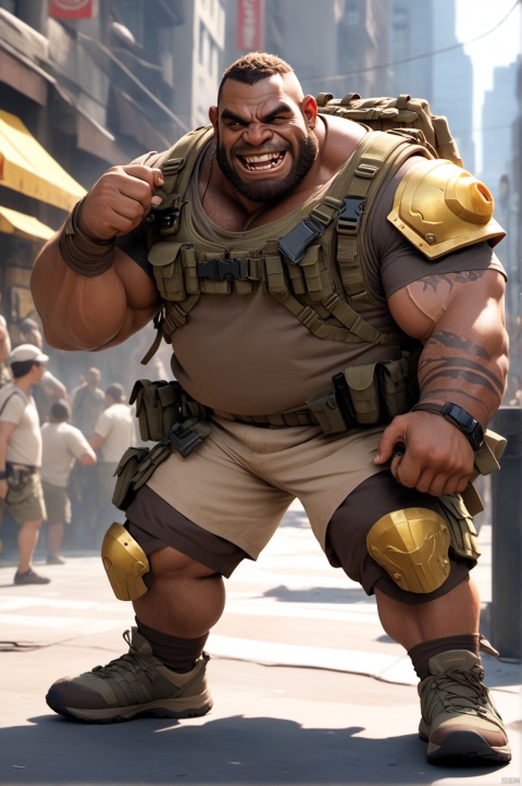  The main character is a brown-skinned orc,Clothing on the chest,Orcs in special forces combat uniform,Body armor,Camouflage dress-up,Wear a shirt,Tactical vests,Orcs wearing combat uniforms,young,t-shirt,Wear loose-fitting camouflage cargo shorts,Camouflage pattern,The belly is wrapped in cloth,The abdomen is covered with cloth,The short-sleeved color is single,Battle vests,girdle,Body armor,Tactical sandals,Baggy shorts,Wrap the ammunition pouch around the abdomen,closed mouth,Gentle expression,Wear plain white short sleeves,Wearing yellow body armor,Iconic orc teeth,The lower jaw has two fangs that grow upwards,Wrap the leggings around the calves with strips of cloth,burlap,Overall clothes,Red rope pendant,Urban camouflage combat shorts,beard,kind,inch head,straw hat,New York,dumpy,Modern clothing,peaceful expression,chunky,sandals,Mountaineering watches,Ammunition pouches,Combat sandals,pointed ears,white short sleeve,brown face,animal teeth,short_pants,laughing,honest,fat,gaiters,in the city,contemporary,Armed,stand guard,peace,thick arms,thick thighs,Thick calves,camouflage shorts,Leg hair,sandals,smooth skin, Full-length photo,Surrealism, from below, Nikon, Surrealism, backlighting, backlighting, cinematic lighting, 8k, super detail, high quality, high details, UHD, award winning, anatomically correct, UHD, retina, masterpiece, ccurate, anatomically correct, super detail, award winning, best quality, high quality, high details, highres, 16k,brown skin,strong, Reasonable firearm construction,Different fantasy world races, With a gun on his back,huggymale,Rich background characters,Complete laundry,complex background,Don't bare upper body,The background is a messy crowd of people,A fun adventure,Running action