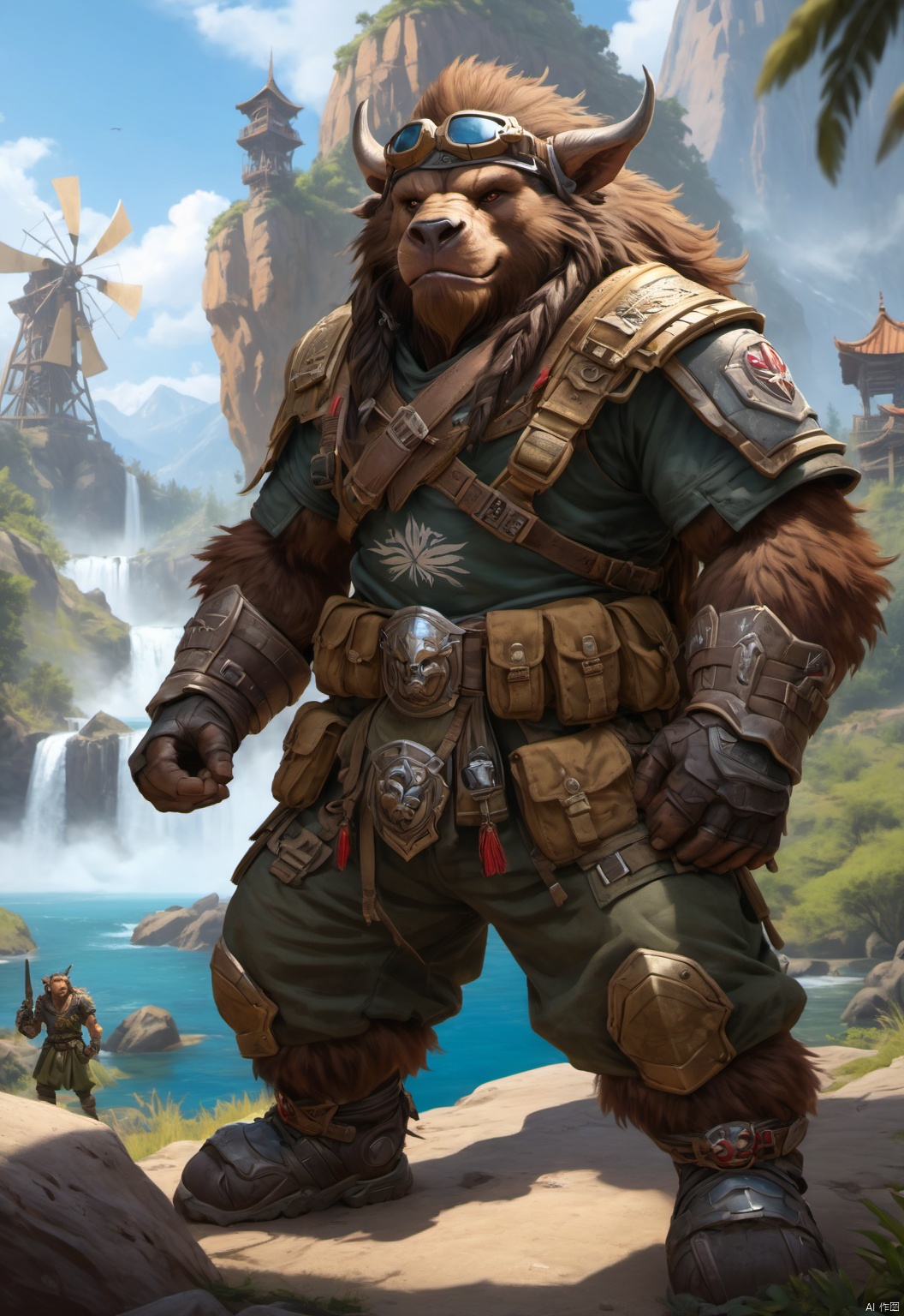 Tauren,Trapezius,Baine Bloodhoof,guerilla,    Mighty figure,cap,Tactical vest,The Tauren wears a green military cap,gun, sweat,Fluffy hair,Golden pupils,Thick eyebrows,furry,humpty dumpty,hairy,plait,Hoof,Clothing on the chest,feather,shaman,robust,their tails,Hair all over the body,                        Tauren in special forces combat uniform,Body armor,Camouflage dress-up,Wear a shirt,Tactical vests,Tauren wearing combat uniforms,young,t-shirt,Wear loose-fitting camouflage cargo shorts,Camouflage pattern,The belly is wrapped in cloth,The abdomen is covered with cloth,Congo,   Sunscreen hats,Shoulder-mounted bazooka,                           The short-sleeved color is single,Battle vests,girdle,Body armor,Tactical sandals,Baggy shorts,Wrap the ammunition  pouch  around the  abdomen,closed mouth,Gentle expression,Iconic orc teeth,The lower jaw has two fangs that grow upwards,Wrap the leggings around the calves with strips of cloth,burlap,Overall clothes,Urban camouflage combat shorts,beard,kind,Modern clothing,peaceful expression,chunky,Mountaineering watches,Ammunition pouches,pointed ears,white  short                            sleeve,brown face,relic,                   animal teeth,short_pants,honest,fat,gaiters,contemporary,Armed,stand    guard,peace,thick arms,thick thighs,Thick calves,camouflage shorts,Leg hair, Field Army,Full-length photo,Surrealism, from below, Nikon, Surrealism, backlighting, backlighting, cinematic lighting, 8k, super detail, high quality, high details, UHD, award winning, anatomically correct, UHD, retina, masterpiece, ccurate, anatomically correct, super detail, award winning, best quality,         high quality,              high details,                highres, 16k,Brown fur,strong,        Reasonable firearm construction,Different fantasy world races, With a gun on his back,huggymale,Rich background characters,Complete laundry,complex background,The background is a messy crowd of people,A fun adventure,Movement process,holding weapon,full body,standing,The characters are in harmony with the environment,Palm trees,Huge windmills,Thunder Bluff,cliff,camp,Devil's Peak,Many military men,    Below the cliffs is the lake,In the middle of the lake was a warship,The Tauren stands on top of a cliff,destroyer,Sultry environment,waterfall,A city on a cliff, huggymale, Oouguancong