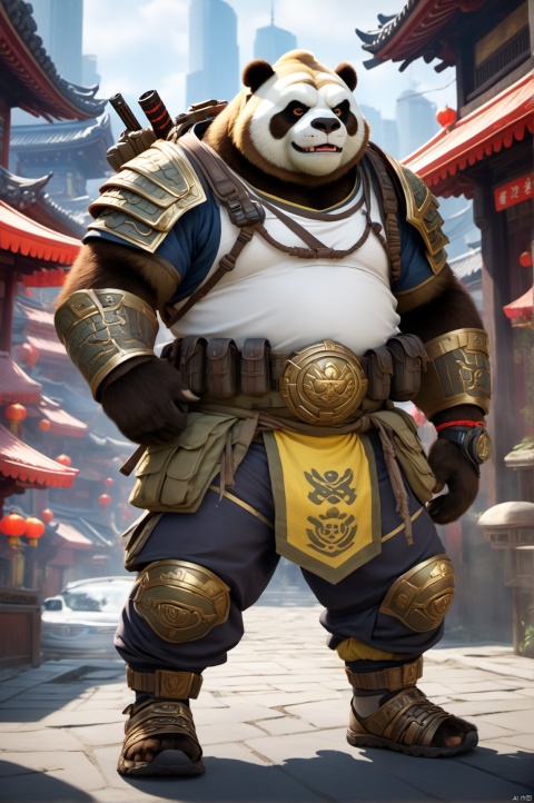  pandaren,Chen Stormstout,Trapezius,gun,Meatball heads,Thick eyebrows,furry,humpty dumpty,samurai,hairy,paws,in Chinatown,Clothing on the chest,pandaren in special forces combat uniform,Body armor,Camouflage dress-up,Wear a shirt,Tactical vests,Orcs wearing combat uniforms,young,t-shirt,Wear loose-fitting camouflage cargo shorts,Camouflage pattern,The belly is wrapped in cloth,The abdomen is covered with cloth,The short-sleeved color is single,Battle vests,girdle,Body armor,Tactical sandals,Baggy shorts,Wrap the ammunition pouch around the abdomen,closed mouth,Gentle expression,Wear plain white short sleeves,Wearing yellow body armor,Iconic orc teeth,The lower jaw has two fangs that grow upwards,Wrap the leggings around the calves with strips of cloth,burlap,Overall clothes,Red rope pendant,Urban camouflage combat shorts,beard,kind,inch head,straw hat,New York,dumpy,Modern clothing,peaceful expression,chunky,sandals,Mountaineering watches,Ammunition pouches,Combat sandals,pointed ears,white short sleeve,brown face,animal teeth,short_pants,honest,fat,gaiters,in the city,contemporary,Armed,stand guard,peace,thick arms,thick thighs,Thick calves,camouflage shorts,Leg hair,sandals,smooth skin, Full-length photo,Surrealism, from below, Nikon, Surrealism, backlighting, backlighting, cinematic lighting, 8k, super detail, high quality, high details, UHD, award winning, anatomically correct, UHD, retina, masterpiece, ccurate, anatomically correct, super detail, award winning, best quality, high quality, high details, highres, 16k,brown skin,strong, Reasonable firearm construction,Different fantasy world races, A white T-shirt on the chest,With a gun on his back,huggymale,Rich background characters,Complete laundry,complex background,Don't bare upper body,The background is a messy crowd of people,A fun adventure,Movement process,holding weapon,full body,standing,The characters are in harmony with the environment
