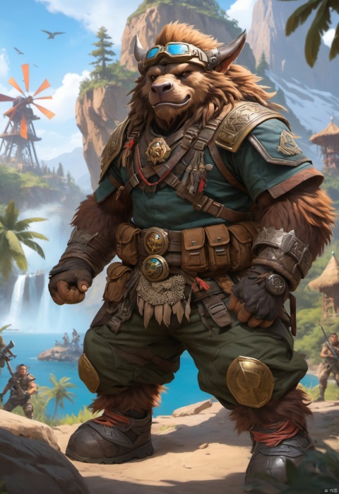 Tauren,Trapezius,Baine Bloodhoof,guerilla,    Mighty figure,cap,Tactical vest,The Tauren wears a green military cap,gun, sweat,Fluffy hair,Golden pupils,Thick eyebrows,furry,humpty dumpty,hairy,plait,Hoof,Clothing on the chest,feather,shaman,robust,their tails,Hair all over the body,                        Tauren in special forces combat uniform,Body armor,Camouflage dress-up,Wear a shirt,Tactical vests,Tauren wearing combat uniforms,young,t-shirt,Wear loose-fitting camouflage cargo shorts,Camouflage pattern,The belly is wrapped in cloth,The abdomen is covered with cloth,Congo,   Sunscreen hats,Shoulder-mounted bazooka,                           The short-sleeved color is single,Battle vests,girdle,Body armor,Tactical sandals,Baggy shorts,Wrap the ammunition  pouch  around the  abdomen,closed mouth,Gentle expression,Iconic orc teeth,The lower jaw has two fangs that grow upwards,Wrap the leggings around the calves with strips of cloth,burlap,Overall clothes,Urban camouflage combat shorts,beard,kind,Modern clothing,peaceful expression,chunky,Mountaineering watches,Ammunition pouches,pointed ears,white  short                            sleeve,brown face,relic,                   animal teeth,short_pants,honest,fat,gaiters,contemporary,Armed,stand    guard,peace,thick arms,thick thighs,Thick calves,camouflage shorts,Leg hair, Field Army,Full-length photo,Surrealism, from below, Nikon, Surrealism, backlighting, backlighting, cinematic lighting, 8k, super detail, high quality, high details, UHD, award winning, anatomically correct, UHD, retina, masterpiece, ccurate, anatomically correct, super detail, award winning, best quality,         high quality,              high details,                highres, 16k,Brown fur,strong,        Reasonable firearm construction,Different fantasy world races, With a gun on his back,huggymale,Rich background characters,Complete laundry,complex background,The background is a messy crowd of people,A fun adventure,Movement process,holding weapon,full body,standing,The characters are in harmony with the environment,Palm trees,Huge windmills,Thunder Bluff,cliff,camp,Devil's Peak,Many military men,    Below the cliffs is the lake,In the middle of the lake was a warship,The Tauren stands on top of a cliff,destroyer,Sultry environment,waterfall,A city on a cliff, huggymale, Oouguancong