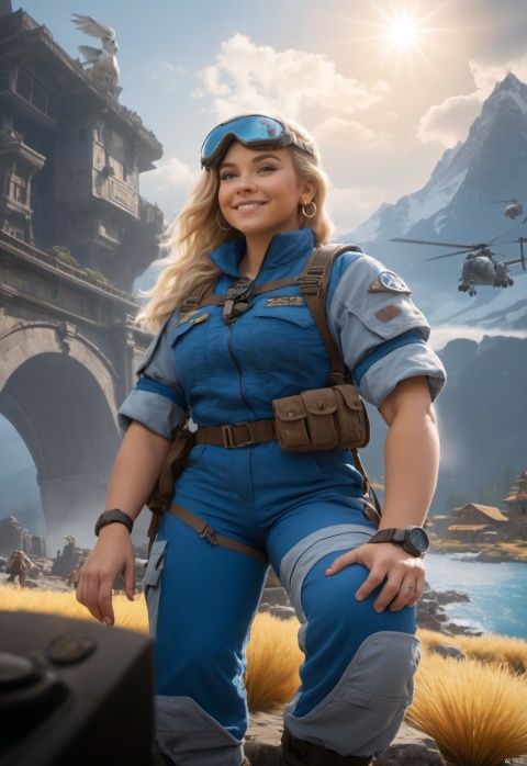 Warcraft dwarves,mankinds,Dwarf,Dwarven females,women,Slightly chubby,Round face,Middle-aged woman,Flight suits,Helicopter pilot,Alpha Eagle,sunglasses,Austria,Big nose,The short-sleeved color is single,girdle,Happy smile,sunbathe,vacation,Blonde curls, closed mouth,Gentle expression,Overall clothes,Urban camouflage combat shorts,kind,Modern clothing,peaceful expression,chunky,Mountaineering watches,Ammunition pouches,peace,thick arms,thick thighs,Thick calves, Field Army,Full-length photo,Surrealism, from below, Nikon, Surrealism, backlighting, backlighting, cinematic lighting, 8k, super detail, high quality, high details, UHD, award winning, anatomically correct, UHD, retina, masterpiece, ccurate, anatomically correct, super detail, award winning, best quality, high quality, high details, highres, 16k,strong, Reasonable firearm construction,Different fantasy world races, Rich background characters,Complete laundry,A fun adventure,holding scripture,full body,Sitting,The characters are in harmony with the environment,Military bases, MAJICMIX STYLE,1980s,Calm atmosphere, Retro style, helicopter, air base, Leveled grounds,Airport runway, Apron,Warm sunshine,control tower, huggymale, Oouguancong,City background in the distance,Ironforge, Oouguancong,Empty background, Oouguancong,There is a flock of sheep on the plains, Oouguancong