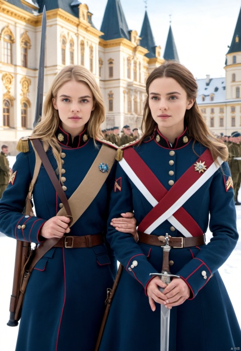 Elfs,snowy day,Young girls,Brave women,Female soldiers,sisters,2 girl ,Two women stood together,Lucy Fry,Pointed ears,Noomi Rapace,On the left is Lucy Fry,On the right is Noomi Rapace,The girl on the left is the Guard,The girl on the right is the guard of honor,The girl on the right holds a matching sword in her hand,National Guard,Long hair, gun, Honor guard,Russian army uniforms,bayonet,Sniper rifles,collar, Plush coat,Pleated skirt,boots,Empire style, Guard,Clothing on the chest,Body armor,Camouflage dress-up, Smooth skin, young,t-shirt,Camouflage pattern, The short-sleeved color is single,Battle vests,girdle,Body armor,closed mouth,Gentle expression,kind,Modern clothing,peaceful expression,chunky,Mountaineering watches,Ammunition pouches,pointed ears,white short sleeve,relic, gaiters,contemporary,Armed,stand guard,peace,,Full-length photo,Surrealism, from below, Nikon, Surrealism, backlighting, backlighting, cinematic lighting, 8k, super detail, high quality, high details, UHD, award winning, anatomically correct, UHD, retina, masterpiece, ccurate, anatomically correct, super detail, award winning, best quality, high quality, high details, highres, 16k,Gentle lighting effects, strong, Reasonable firearm construction,Different fantasy world races, With a gun on his back,huggymale,Rich background characters,Complete laundry,complex background,The background is a messy crowd of people,A fun adventure,Movement process,holding weapon,full body,Rationally structured background characters,standing,Army queues,State of war,Army phalanx,Expansive scenes,Russia,Russian-style architecture,in the Square,The city is covered with snow, huggymale, Oouguancong