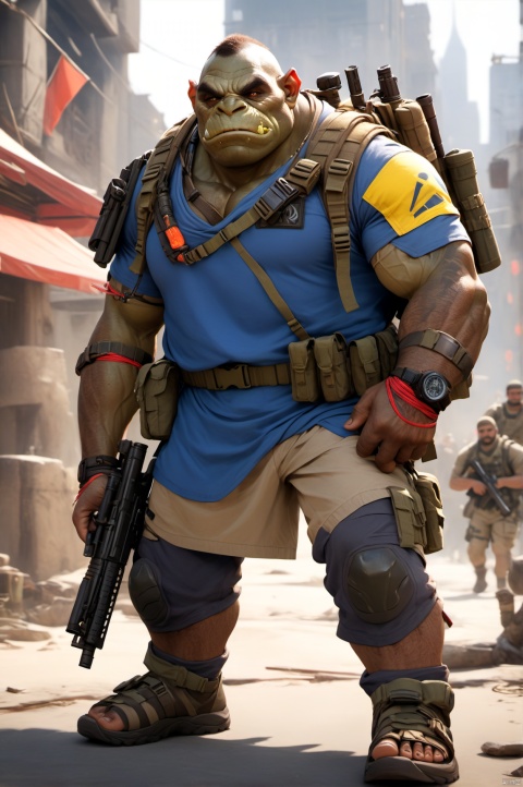 The main character is a brown-skinned orc,Orcs in special forces combat uniform,iming with sniper rifles,Orcs wearing combat uniforms,young,t-shirt,Wear loose-fitting camouflage cargo shorts,Tactical sandals,Baggy shorts,Wrap the ammunition pouch around the abdomen,closed mouth,Gentle expression,Wear plain white short sleeves,Wearing yellow body armor,clever,Blue pupils,Iconic orc teeth,The lower jaw has two fangs that grow upwards,Wrap the leggings around the calves with strips of cloth,burlap,Overall clothes,Red rope pendant,Urban camouflage combat shorts,beard,kind,inch head,straw hat,New York,dumpy,Modern clothing,peaceful expression,chunky,standing,sandals,Mountaineering watches,Ammunition pouches,Combat sandals,pointed ears,white short sleeve,brown face,animal teeth,short_pants,laughing,honest,fat,gaiters,in the city,contemporary,Armed,stand guard,peace,thick arms,thick thighs,Thick calves,camouflage shorts,Leg hair,sandals,smooth skin, Full-length photo,Surrealism, from below, Nikon, Surrealism, backlighting, backlighting, cinematic lighting, 8k, super detail, high quality, high details, UHD, award winning, anatomically correct, UHD, retina, masterpiece, ccurate, anatomically correct,  super detail, award winning, best quality, high quality, high details, highres, 16k,brown skin,strong, Reasonable firearm construction,Different fantasy world races, With a gun on his back, , huggymale, Oouguancong