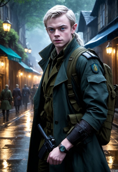 Fantasy world,DROW,Night Elf,guerilla, rainy day,night,young man,man,Dane DeHaan, Immature face,heavy rain,Worried look,Worried eyes,Green pupils,Blue coat,Navy blue trench coat,National Guard,druid,Purple skin,A green army shirt,     Elven ears,       gun, White hair, Guard,DROW elves have purple skin,Wear a trench coat,Army coats,The body was full of water droplets,    sweat,Wet hair,blue pupils,Thick eyebrows,plait,Water droplets on the face,Clothing on the chest,Body armor,Camouflage dress-up,   Smooth skin,               young,t-shirt,Wear loose-fitting camouflage cargo shorts,Camouflage pattern,          The short-sleeved color is single,Battle vests,girdle,Body armor,Baggy shorts,closed mouth,Gentle expression,kind,Modern clothing,peaceful expression,chunky,Mountaineering watches,Ammunition pouches,pointed ears,white short sleeve,relic,                        gaiters,contemporary,Armed,stand guard,peace,,Full-length photo,Surrealism, from below, Nikon, Surrealism,  backlighting, backlighting,             cinematic lighting, 8k, super detail, high quality, high details, UHD, award winning, anatomically correct, UHD, retina, masterpiece, ccurate, anatomically correct, super detail, award winning, best quality, high quality, high details, highres,         16k,strong,  Reasonable firearm construction,Different fantasy world races,             Architectural lighting,   Complete firearm structure,            With a gun on his back,huggymale,Rich background characters,Complete laundry,complex background,Reasonable mechanical structure,The background is a messy crowd of people,A fun adventure,Movement process,holding weapon,full body,standing,France,French flair,The characters are in harmony with the environment,A city built on a tree,DROW stands high above Forest City,Huge interior scenes,jungle,Darnassus,Teldrassil,A forest city,Heavy rain,Dim environment,Tall city,Street lighting,     Huge enclosed environment,  Wooden construction, huggymale, Oouguancong,A military vehicle drove through the street,Stand on the slope, Oouguancong