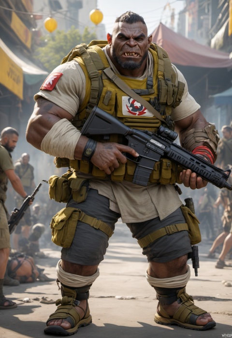  orc,The main character is a brown-skinned orc,Clothing on the chest,Hard body armor on the chest,Orcs wear tactical sandals,Orcs in special forces combat uniform,Body armor,Camouflage dress-up,Wear a shirt,Tactical vests,Orcs wearing combat uniforms,young,t-shirt,Wear loose-fitting camouflage cargo shorts,Camouflage pattern,The belly is wrapped in cloth,The abdomen is covered with cloth,The short-sleeved color is single,Battle vests,girdle,Body armor,Tactical sandals,Baggy shorts,Wrap the ammunition pouch around the abdomen,closed mouth,Gentle expression,Wear plain white short sleeves,Wearing yellow body armor,Iconic orc teeth,The lower jaw has two fangs that grow upwards,Wrap the leggings around the calves with strips of cloth,burlap,Overall clothes,Red rope pendant,Urban camouflage combat shorts,beard,kind,inch head,straw hat,New York,dumpy,Modern clothing,peaceful expression,chunky,sandals,Mountaineering watches,Ammunition pouches,Combat sandals,pointed ears,white short sleeve,brown face,animal teeth,short_pants,honest,fat,gaiters,in the city,contemporary,Armed,stand guard,peace,thick arms,thick thighs,Thick calves,camouflage shorts,Leg hair,sandals,smooth skin, Full-length photo,Surrealism, from below, Nikon, Surrealism, backlighting, backlighting, cinematic lighting, 8k, super detail, high quality, high details, UHD, award winning, anatomically correct, UHD, retina, masterpiece, ccurate, anatomically correct, super detail, award winning, best quality, high quality, high details, highres, 16k,brown skin,strong, Reasonable firearm construction,Different fantasy world races, With a gun on his back,Rich background characters,Complete laundry,complex background,Don't bare upper body,The background is a messy crowd of people,A fun adventure,Movement process,holding weapon,full body,standing,The characters are in harmony with the environment,toe,Tactical sandals
, huggymale, Oouguancong