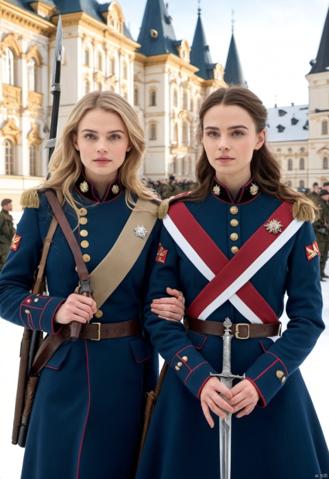 Elfs,snowy day,Young girls,Brave women,Female soldiers,sisters,2 girl ,Two women stood together,Lucy Fry,Pointed ears,Noomi Rapace,On the left is Lucy Fry,On the right is Noomi Rapace,The girl on the left is the Guard,The girl on the right is the guard of honor,The girl on the right holds a matching sword in her hand,National Guard,Long hair, gun, Honor guard,Russian army uniforms,bayonet,Sniper rifles,collar, Plush coat,Pleated skirt,boots,Empire style, Guard,Clothing on the chest,Body armor,Camouflage dress-up, Smooth skin, young,t-shirt,Camouflage pattern, The short-sleeved color is single,Battle vests,girdle,Body armor,closed mouth,Gentle expression,kind,Modern clothing,peaceful expression,chunky,Mountaineering watches,Ammunition pouches,pointed ears,white short sleeve,relic, gaiters,contemporary,Armed,stand guard,peace,,Full-length photo,Surrealism, from below, Nikon, Surrealism, backlighting, backlighting, cinematic lighting, 8k, super detail, high quality, high details, UHD, award winning, anatomically correct, UHD, retina, masterpiece, ccurate, anatomically correct, super detail, award winning, best quality, high quality, high details, highres, 16k,Gentle lighting effects, strong, Reasonable firearm construction,Different fantasy world races, With a gun on his back,huggymale,Rich background characters,Complete laundry,complex background,The background is a messy crowd of people,A fun adventure,Movement process,holding weapon,full body,Rationally structured background characters,standing,Army queues,State of war,Army phalanx,Expansive scenes,Russia,Russian-style architecture,in the Square,The city is covered with snow, huggymale, Oouguancong