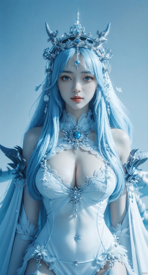  A royal elder sister, with a straight face,Full Body Statue, slim waist, exposed waist, cleavage, solemn and sacred, Exposing thighs, navel,queen, white palace, dragon lady, drakan_longdress_crown,High complex headdress,Half-length photo with long white hair,Gaze lens, facing the camera, close-up shooting of face, film texture, reality, art, surrealism,High complex headdress,Dragon crown, super detail, cleavage, plump figure, shallow smile,High complex headdress,High-detail dragon crown, dragon