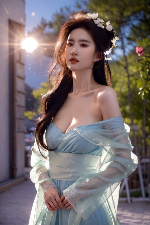 (original), (very detailed wallpaper), (masterpiece), photographic reality, realistic, best illumination, best shadow, an extremely delicate and beautiful, 1girl, mole under eye(1.5), Bamboo forest, Suzhou Small Courtyard, Face the camera., Bohemian beach dress, Improved Hanfu, Pattern, solo, breasts, bare shoulders, looking at viewer, medium breasts, brown eyes, parted lips, black hair, collarbone, upper body, brown hair, Epic Light and Shadow, very wide shot, dynamic pose, half body, solo, long hair, flower, cleavage, panorama, letterboxed, lens flare, bokeh, drop shadow, anaglyph, ray tracing, cinematic lighting, reflection light, chiaroscuro, cowboy shot, from side, from below, wide shot, vanishing point, atmospheric perspective, 8K
