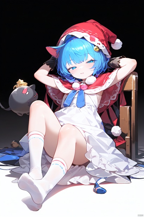  (best quality),(masterpiece),1girl, doremy sweet, nightcap, blue hair, hat, blue eyes, zzz, dress, tapir tail, dream soul, red headwear, looking at viewer, blob, smile, pom pom \(clothes\), white dress, simple background, pokemon \(creature\), socks, full body, gloves, multicolored dress, parted lips, capelet, tail, short hair, arm up, black background, adapted costume, black dress, bangs, sleeping, bell, arm behind head, chair, solo, soles, white footwear