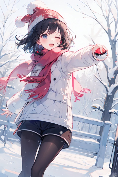  (best quality),(masterpiece),beanie, scarf, 1girl, hat, pantyhose, one eye closed, winter clothes, open mouth, smile, holding, poke ball, black hair, shorts, short hair, holding poke ball, long sleeves, snow