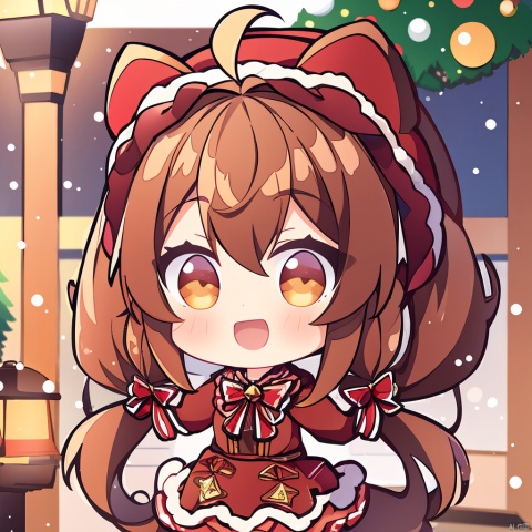 1girl, solo, brown hair, twintails, long hair, blush, smile, brown eyes, looking at viewer, dress, red dress, night, bow, official alternate costume, outdoors, long sleeves, bangs, very long hair, ahoge, :d, holding, red bow, animal ears, blurry, christmas, bonnet, hair between eyes, lamppost, frills, open mouth, fur trim, depth of field, horse ears, chibi
