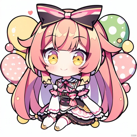 chibi,1girl, solo, thighhighs, brown hair, long hair, blush, heterochromia, virtual youtuber, smile, looking at viewer, sleeves past fingers, white thighhighs, yellow eyes, green eyes, sleeves past wrists, bangs, food, bow, pink bow, multicolored hair, bare shoulders, dress, long sleeves, hair bow, closed mouth, white background, balloon, sitting