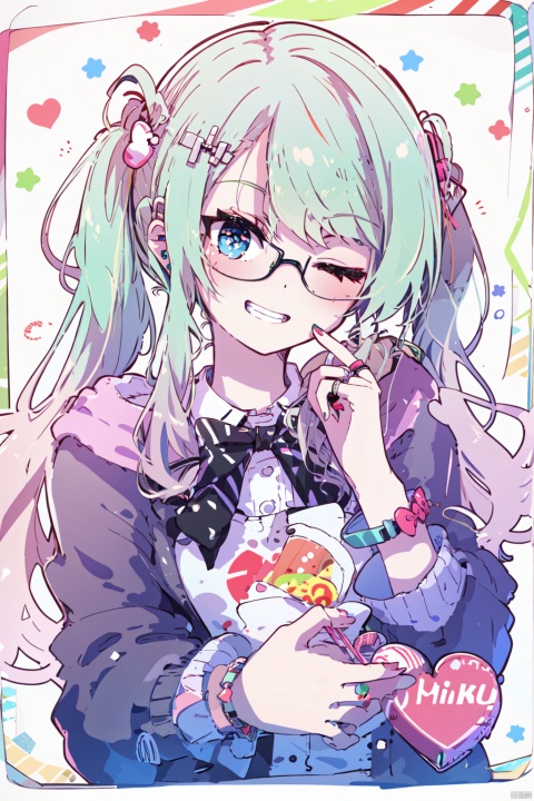  (best quality),(masterpiece),1girl, solo, hatsune miku, heart, twintails, bow, one eye closed, hair bow, jewelry, lollipop, smile, food, hair ornament, candy, polka dot bow, long hair, 39, shirt, glasses, ring, bracelet, upper body, heart-shaped eyewear, jacket, looking at viewer, holding, grin, nail polish, hood, black bow