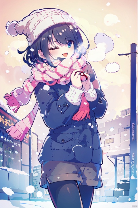  (best quality),(masterpiece),beanie, scarf, 1girl, hat, pantyhose, one eye closed, winter clothes, open mouth, smile, holding, poke ball, black hair, shorts, short hair, holding poke ball, long sleeves, snow