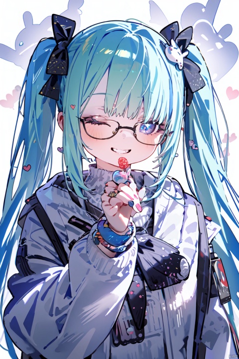  (best quality),(masterpiece),1girl, solo, hatsune miku, heart, twintails, bow, one eye closed, hair bow, jewelry, lollipop, smile, food, hair ornament, candy, polka dot bow, long hair, 39, shirt, glasses, ring, bracelet, upper body, heart-shaped eyewear, jacket, looking at viewer, holding, grin, nail polish, hood, black bow