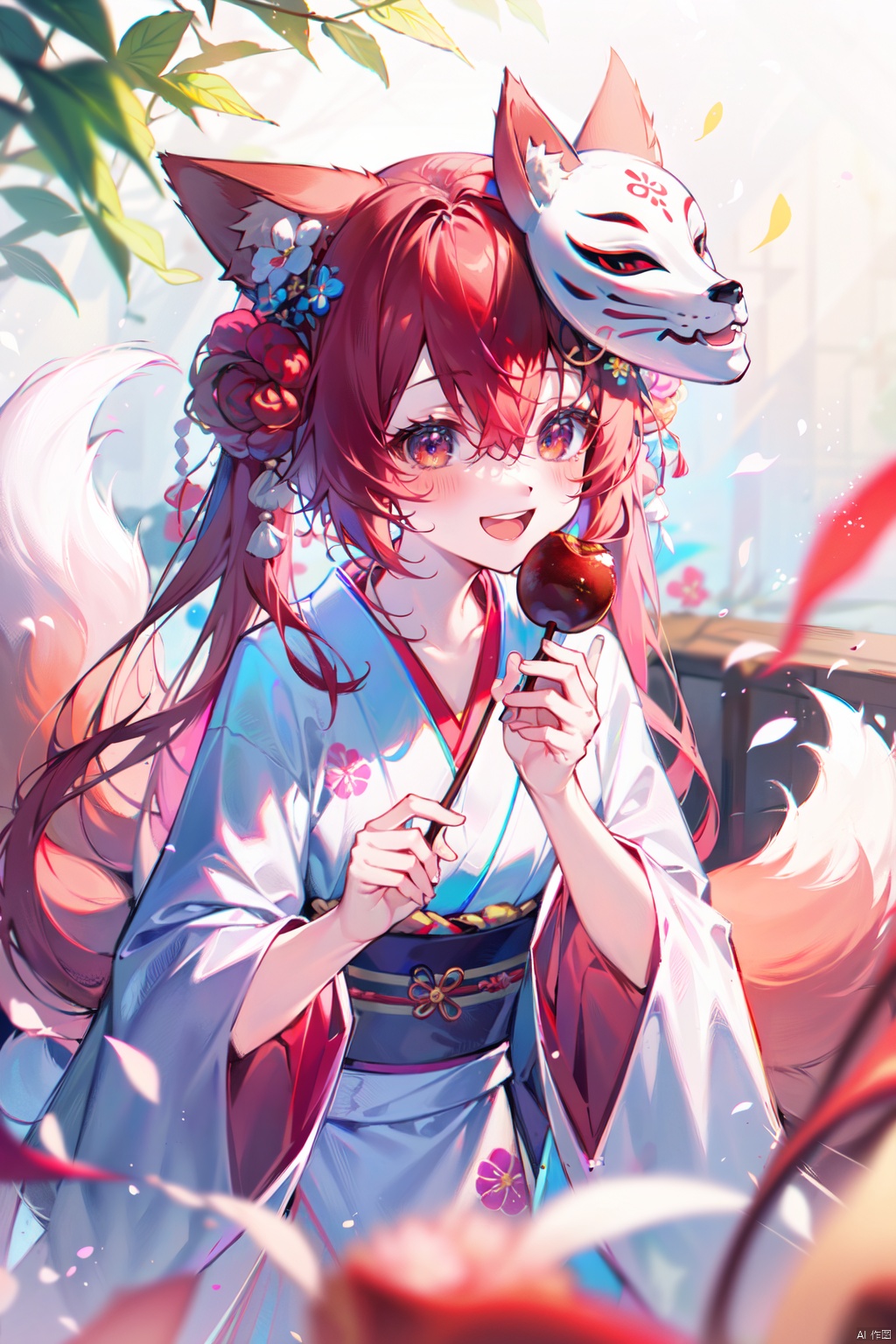  (best quality), (masterpiece),1girl, solo, japanese clothes, candy apple, kimono, mask, fox mask, twintails, animal ears, sash, smile, mask on head, red hair, wide sleeves, floral print, obi, food, :d, long hair, flower, fox ears, tail, holding, bangs, open mouth, hair ornament, looking at viewer, long sleeves, blush, blurry, fox tail, depth of field, hair flower, blurry background, hair between eyes, collarbone, holding food