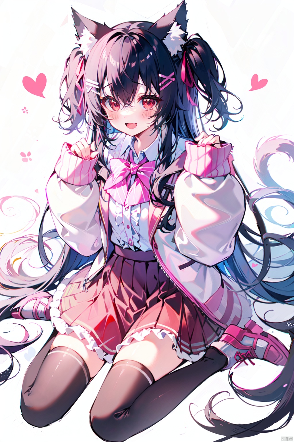  (best quality), (masterpiece),1girl, solo, pink footwear, black hair, skirt, thighhighs, animal ears, shirt, smile, long hair, sitting, shoes, white shirt, pink skirt, bow, two side up, black thighhighs, jacket, wariza, bangs, looking at viewer, :d, cat ears, frills, hairclip, white background, heart, blush, collared shirt, fang, hair ornament, frilled skirt, long sleeves, sleeves past wrists, very long hair, red eyes, animal ear fluff, open mouth