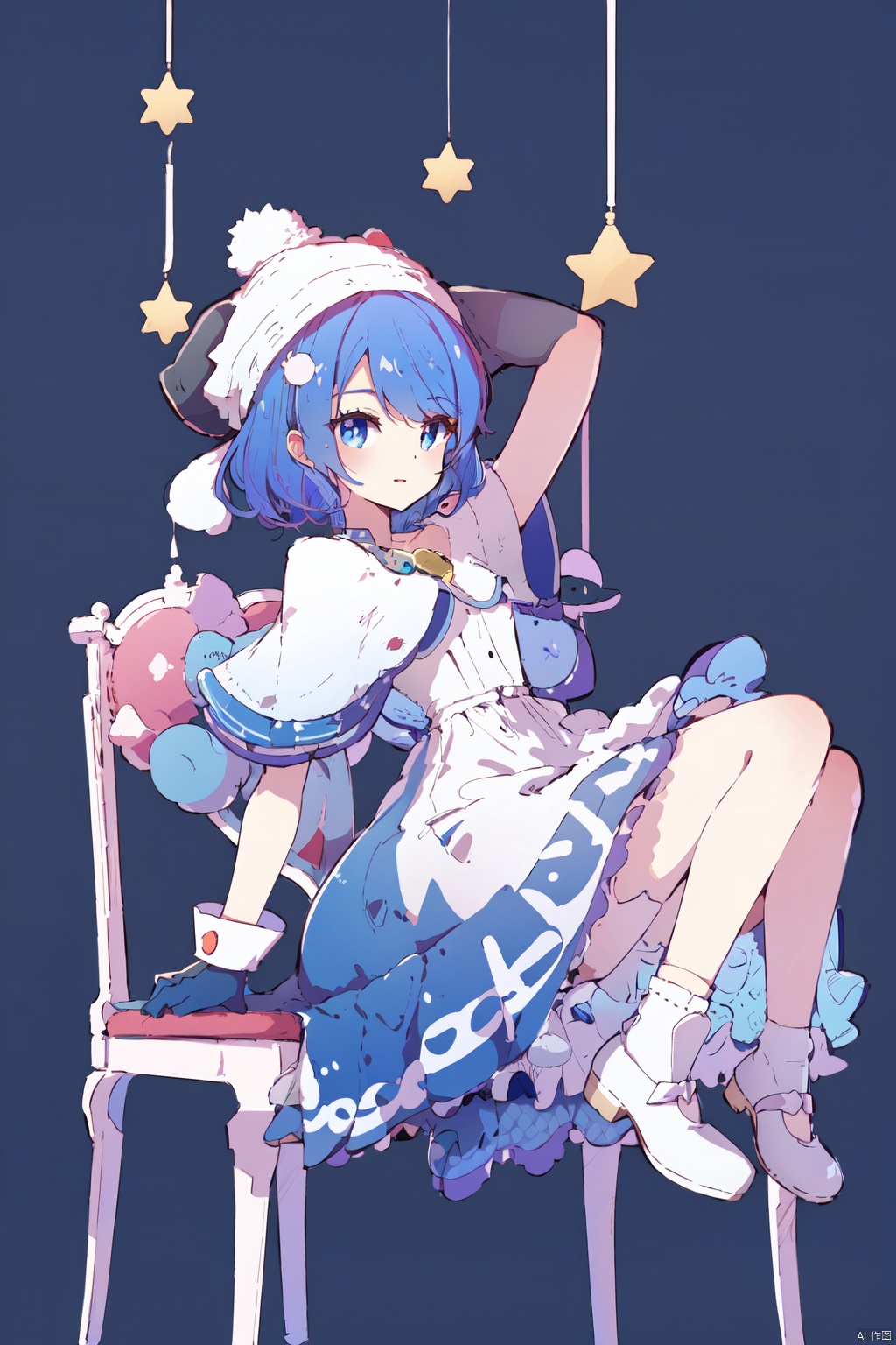  (best quality),(masterpiece),1girl, doremy sweet, nightcap, blue hair, hat, blue eyes, zzz, dress, tapir tail, dream soul, red headwear, looking at viewer, blob, smile, pom pom \(clothes\), white dress, simple background, pokemon \(creature\), socks, full body, gloves, multicolored dress, parted lips, capelet, tail, short hair, arm up, black background, adapted costume, black dress, bangs, sleeping, bell, arm behind head, chair, solo, soles, white footwear