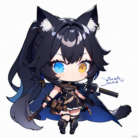 chibi,1girl, solo, heterochromia, animal ears, weapon, gloves, long hair, blue eyes, bangs, breasts, cat ears, mask, gun, black gloves, animal ear fluff, fingerless gloves, looking at viewer, small breasts, ponytail, tail, mouth mask, cat girl, cat tail, sleeveless, black footwear, sword, white hair, dress, very long hair, black dress, weapon on back, holding, yellow eyes, knee boots, cape, boots, sleeveless dress, holding weapon, feet out of frame, signature, ear piercing, thigh strap, extra ears, sideboob, standing, sheath, black cape