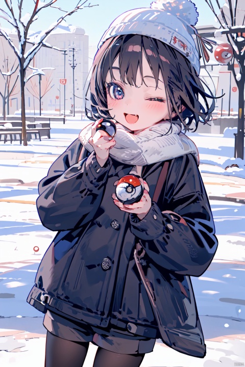  (best quality),(masterpiece),beanie, scarf, 1girl, hat, pantyhose, one eye closed, winter clothes, open mouth, smile, holding, poke ball, black hair, shorts, short hair, holding poke ball, long sleeves, snow