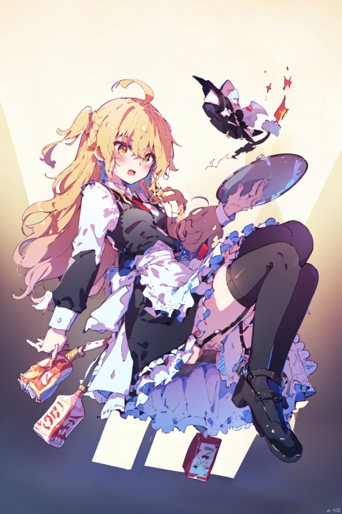  (best quality),(masterpiece),1girl, solo, kirisame marisa, hat, long hair, black background, thighhighs, skirt, cup, holding, witch hat, open mouth, blonde hair, long sleeves, apron, shoes, shirt, waist apron, black footwear, ahoge, full body, necktie, simple background, black skirt, frills, bow, black headwear, yellow eyes, milk, bottle, tray, white bow, blush, black thighhighs, bangs, petticoat, frilled apron, milk carton, vest, hair between eyes, garter straps, frilled skirt