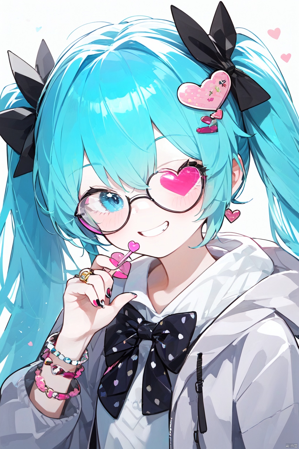  (best quality),(masterpiece),1girl, solo, hatsune miku, heart, twintails, bow, one eye closed, hair bow, jewelry, lollipop, smile, food, hair ornament, candy, polka dot bow, long hair, 39, shirt, glasses, ring, bracelet, upper body, heart-shaped eyewear, jacket, looking at viewer, holding, grin, nail polish, hood, black bow