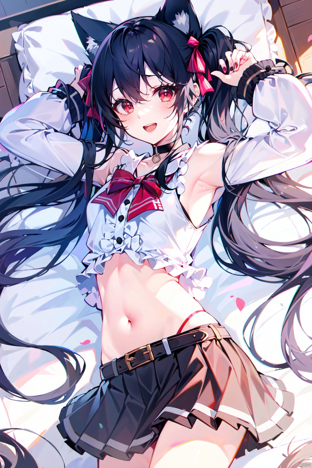  (best quality), (masterpiece),1girl, skirt, shirt, smile, armpits, black skirt, sleeveless shirt, sleeveless, midriff, black hair, long hair, navel, looking at viewer, bare shoulders, stomach, choker, twintails, red eyes, frilled shirt, :d, arm up, 1boy, black choker, crop top, open mouth, frills, miniskirt, on bed, very long hair, bed, bow, belt, hair bow, pleated skirt, nail polish, bare armsornament, frilled skirt, long sleeves, sleeves past wrists, very long hair, red eyes, animal ear fluff, open mouth