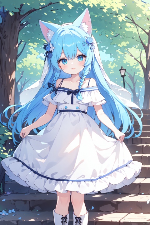 best quality, 1girl, animal ears, dress, long hair, solo, blue eyes, very long hair, blue hair, boots, bangs, animal, bare shoulders, white footwear, skirt hold, bow, braid, standing, cross-laced footwear, lace-up boots, basket, white dress, strapless, collarbone, frills, off-shoulder dress, frilled dress, blush, strapless dress, smile, hair between eyes, looking at viewer, rose, fox ears, see-through, short sleeves, off shoulder, veil, full body, stairs, tree, puffy sleeves, parted lips, flower, animal ear fluff, blue flower