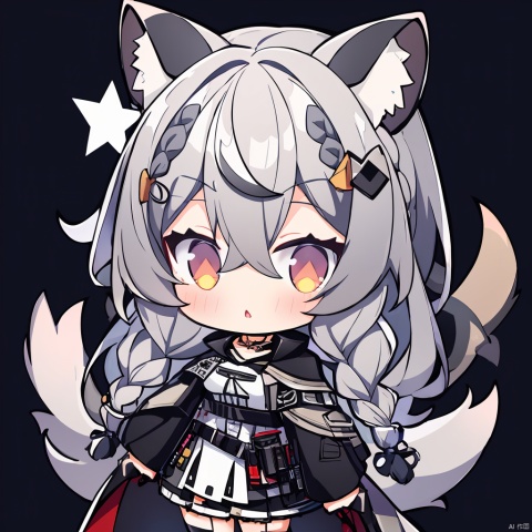 chibi,1girl, solo, pramanix \(arknights\), animal ears, long hair, leopard ears, cowboy shot, looking at viewer, braid, holding, animal ear fluff, grey eyes, bell, dress, bangs, breasts, jewelry, blush, very long hair, belt, twin braids, black background, parted lips, leopard tail, white dress, necklace, grey hair, hair between eyes, black cape, side braids, long sleeves, medium breasts, black belt