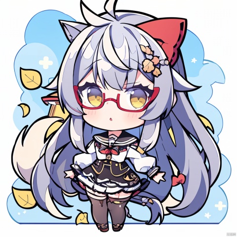 chibi,1girl, solo, animal ears, long hair, ahoge, sky, thighhighs, long sleeves, tail, horse girl, garter straps, horse ears, blue sky, glasses, red-framed eyewear, grey hair, puffy sleeves, yellow eyes, breasts, cloud, parted lips, outdoors, horse tail, black thighhighs, skirt, day, very long hair, juliet sleeves, leaf, looking at viewer, shirt, ribbon, hair ornament, bangs, semi-rimless eyewear, bow