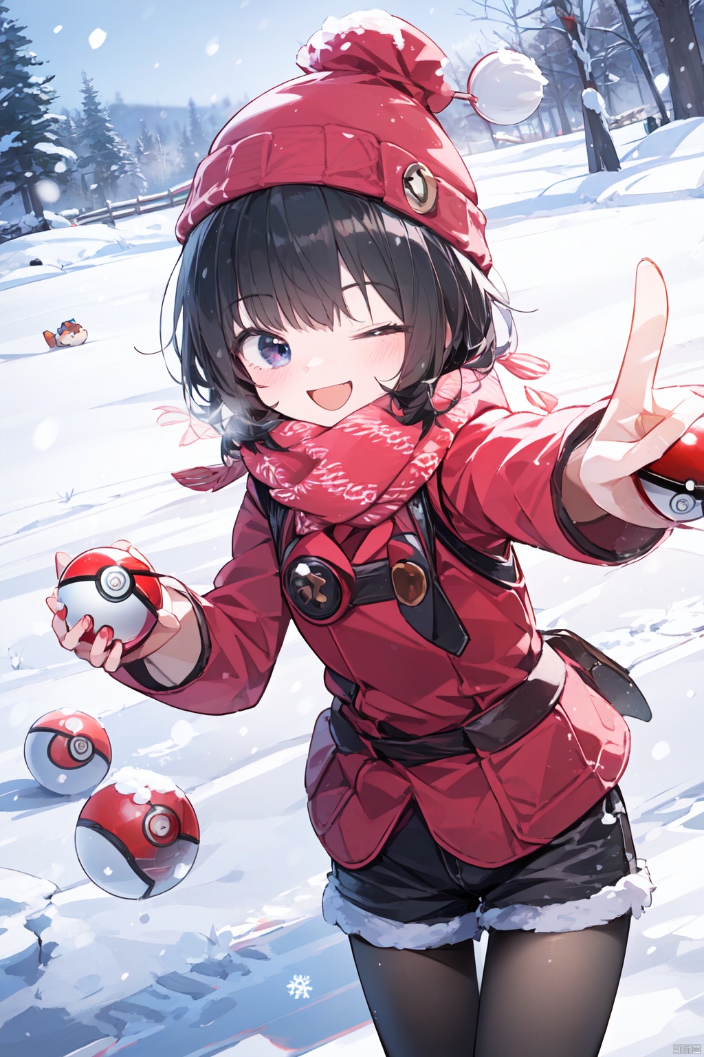  (best quality),(masterpiece),beanie, scarf, 1girl, hat, pantyhose, one eye closed, winter clothes, open mouth, smile, holding, poke ball, black hair, shorts, short hair, holding poke ball, long sleeves, snow