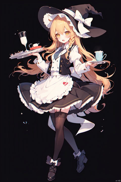  (best quality),(masterpiece),1girl, solo, kirisame marisa, hat, long hair, black background, thighhighs, skirt, cup, holding, witch hat, open mouth, blonde hair, long sleeves, apron, shoes, shirt, waist apron, black footwear, ahoge, full body, necktie, simple background, black skirt, frills, bow, black headwear, yellow eyes, milk, bottle, tray, white bow, blush, black thighhighs, bangs, petticoat, frilled apron, milk carton, vest, hair between eyes, garter straps, frilled skirt