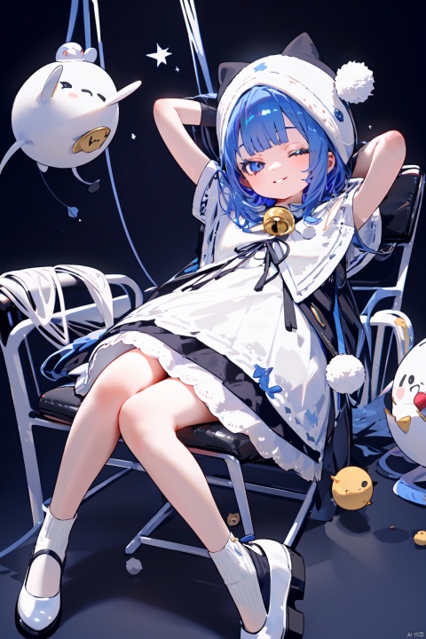  (best quality),(masterpiece),1girl, doremy sweet, nightcap, blue hair, hat, blue eyes, zzz, dress, tapir tail, dream soul, red headwear, looking at viewer, blob, smile, pom pom \(clothes\), white dress, simple background, pokemon \(creature\), socks, full body, gloves, multicolored dress, parted lips, capelet, tail, short hair, arm up, black background, adapted costume, black dress, bangs, sleeping, bell, arm behind head, chair, solo, soles, white footwear
