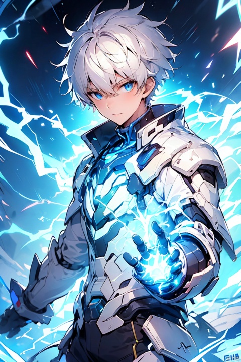 1boy, solo,blue eyes,mecha musume,white hair,Short hair, In their 20s,handsome,Cheerful,extroversion,looking at viewer,energy,glowing,diffractionspikes,ejaculation,electricity,magic,tarrysky,8k,