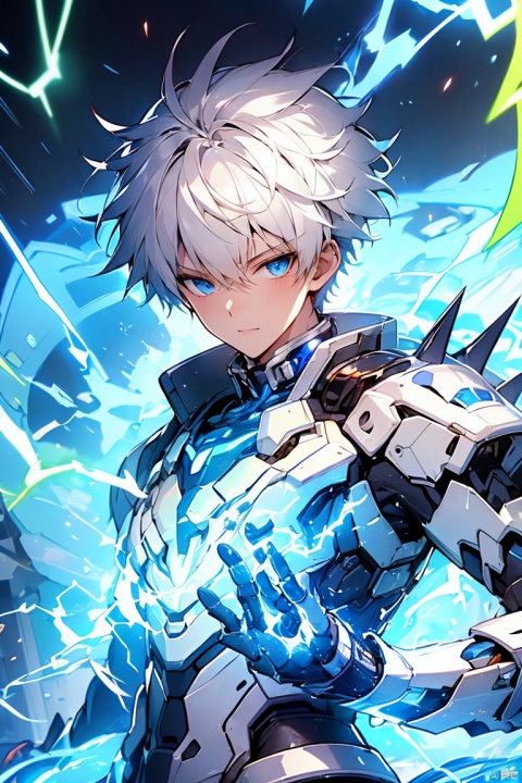 1boy, solo,blue eyes,mecha musume,white hair,Short hair, In their 20s,handsome,Cheerful,extroversion,looking at viewer,energy,glowing,diffractionspikes,ejaculation,electricity,magic,tarrysky,8k,