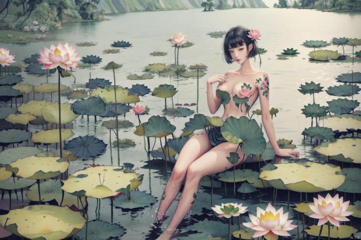 Masterpiece,highly detailed texture,best quality,huge filesize,wallpaper,(the whole picture is lotus:1.4),(the true proportion:1.1),(the lake is full of lotus leaves and flowers:1.4),1girl,girl sitting on a bamboo raft,(The green skirt of the lotus picking girl blends into the lotus leaves of the field:1.1),girl's body blocked by lotus,and the girl's face is reflected in the blooming lotus flowers,reflecting each other,,,, (bodypaint:1.2)