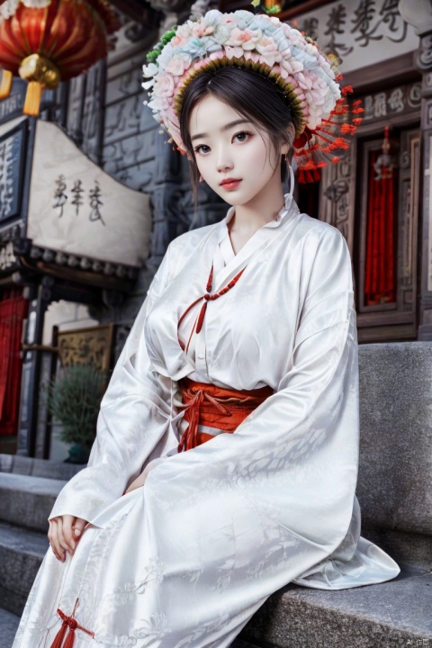 hanfu,,solo,1girl,china_dress,chinese_style,absurdres,realistic,available light,depth_of_field,light_eyes,full_shot,street,depth of field,bent_over,plump,huge breasts,