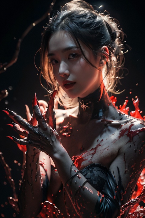  1girl,Satanism,occultism,(Gothic art),Slim and powerful claws,Tattoo,Sharp black claws and line,Blood color,black skin,dark long hair,high_resolution,ultra-detailed,Raise hair with both hands,Strong atmosphere,seductive eyes,coloured glaze,,,(NSFW:0.4),,Phantom Fluid,Fluid